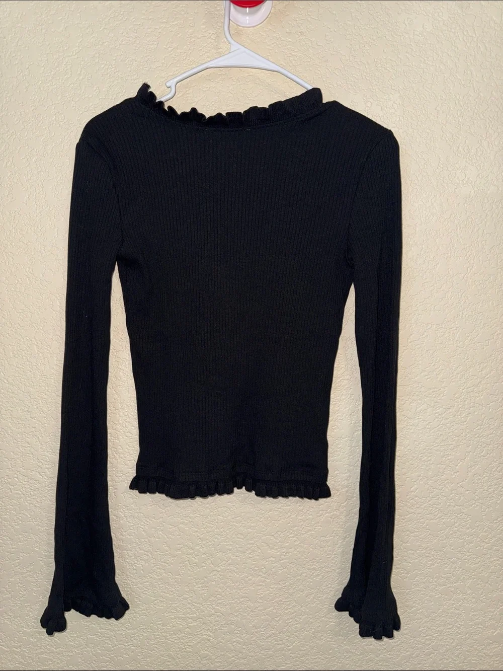 ZARA Black Ribbed Ruffle Trim V Neck Long Sleeve Top M NWT Cottagecore